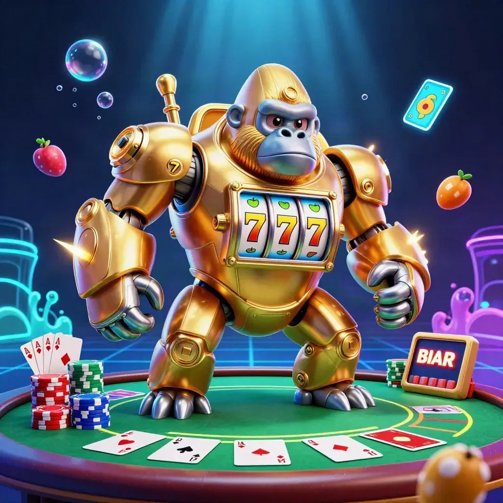 Golden slot-machine gorilla mech with a tiny monkey pilot amid poker chips and neon casino effects