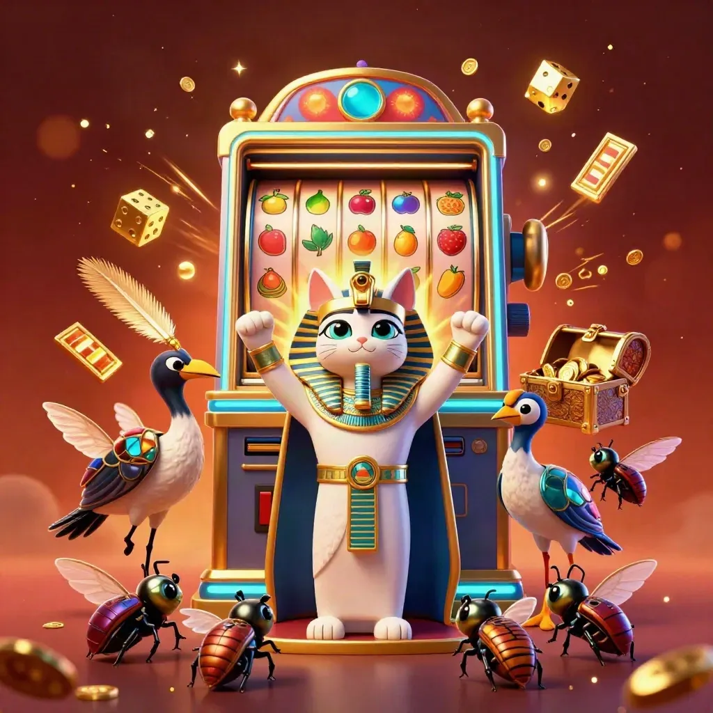 Pharaoh cat, ibis scribe, and gem-wing scarabs amid slot reels, coins, and jackpot glow.