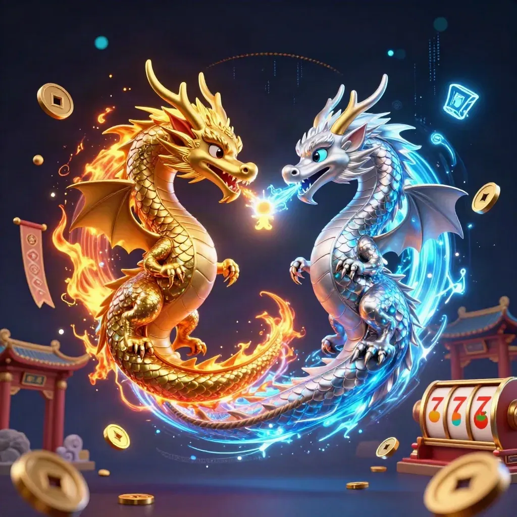 Gold and silver dragons clash in a neon casino key art scene with temple, reels, and energy effects.