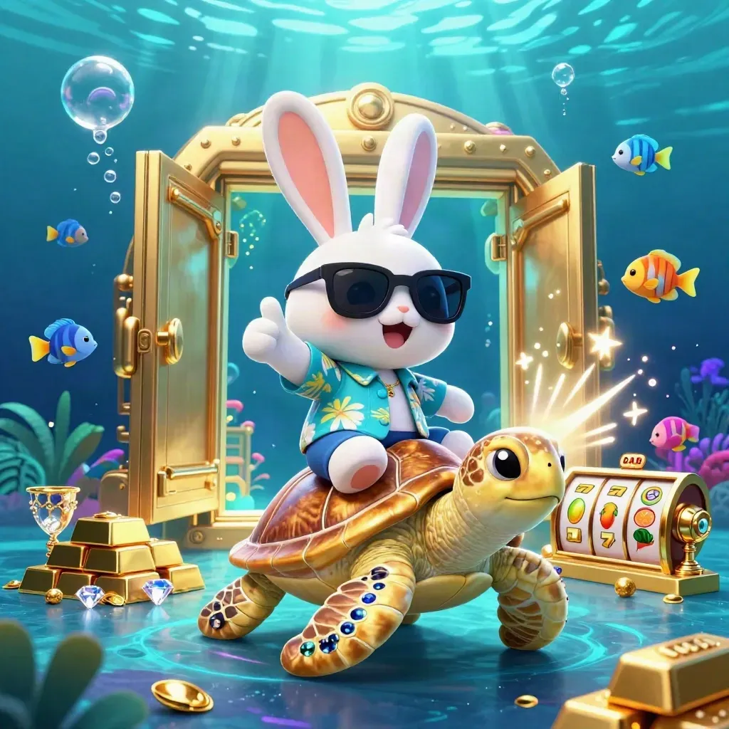 Lucky rabbit rides a jeweled sea turtle through a glowing underwater casino treasure burst.