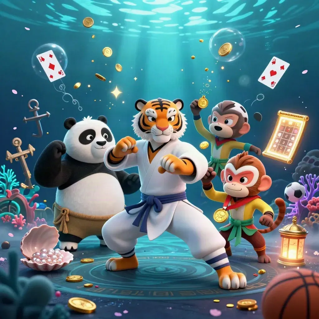 Tiger, panda, and monkey in an underwater casino cove with coins, cards, and neon glow.