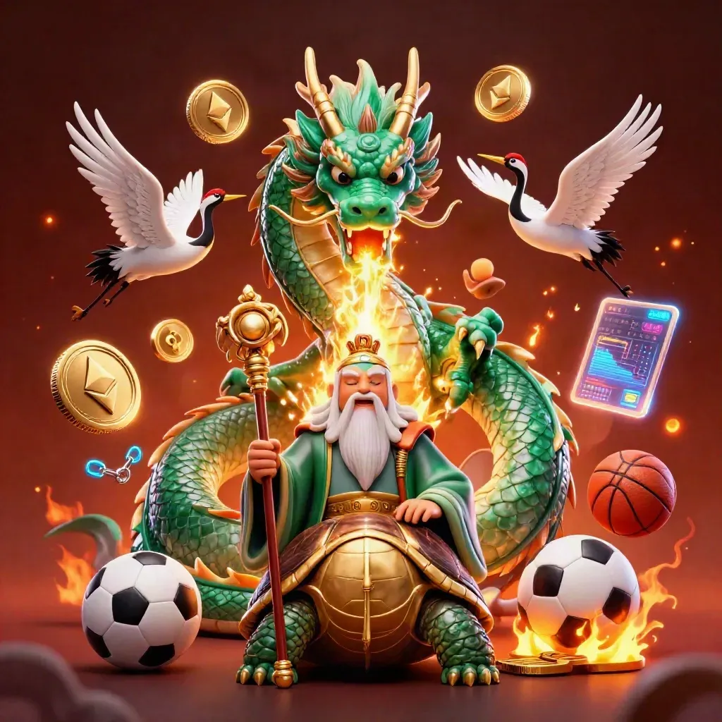 Jade dragon, turtle sage and cranes amid neon casino coins and fire