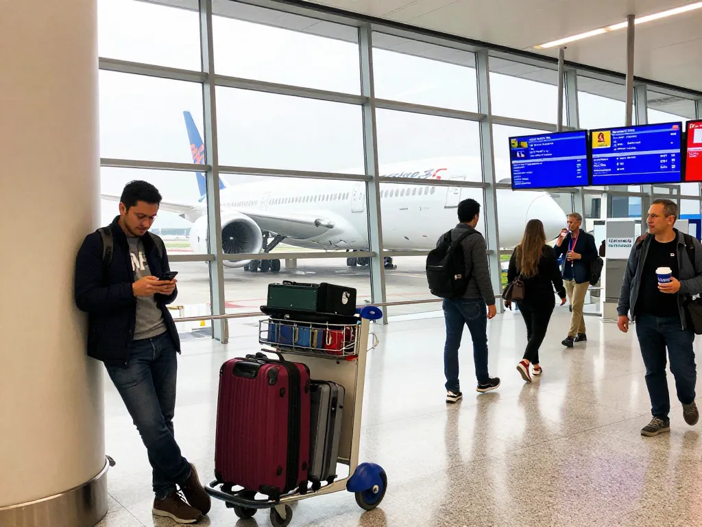 Traveler checking itinerary at airport terminal near Boeing 787-9P.