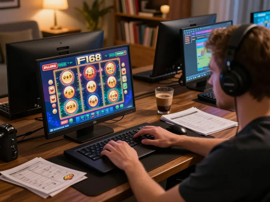 Player enjoying online casino games at home on F168 platform with engaged focus.