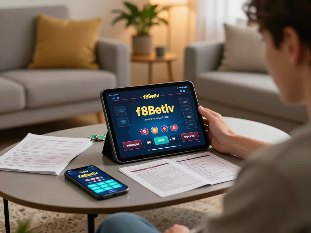 Engaging online gaming moment with f8betlv app on tablet in cozy living room.