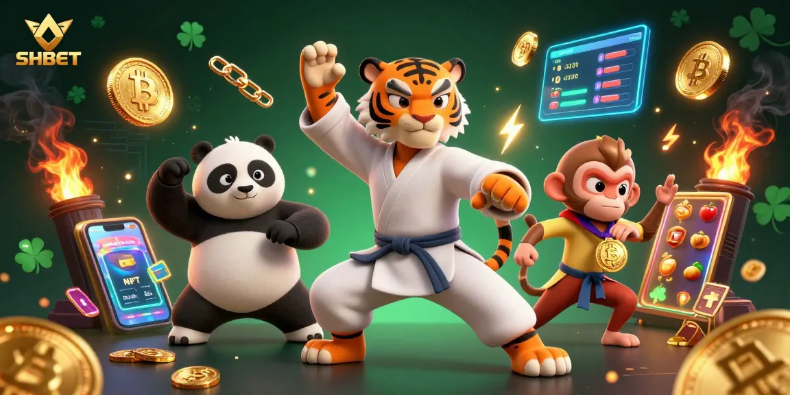 Engage in thrilling gameplay at SHBET with a vibrant 3D illustration featuring cartoon characters embodying the excitement of slots and crypto.