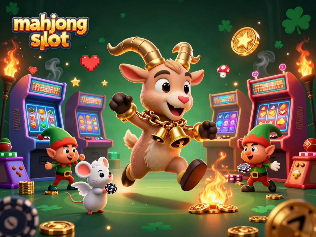 Experience the excitement of mahjong slot games with lively characters in a festive casino scene.