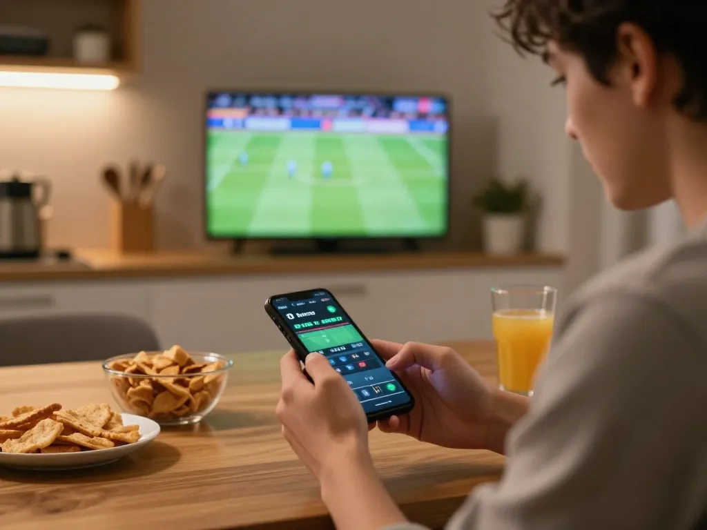 Engaged user checking kèo nhà cái odds on smartphone during sports match.