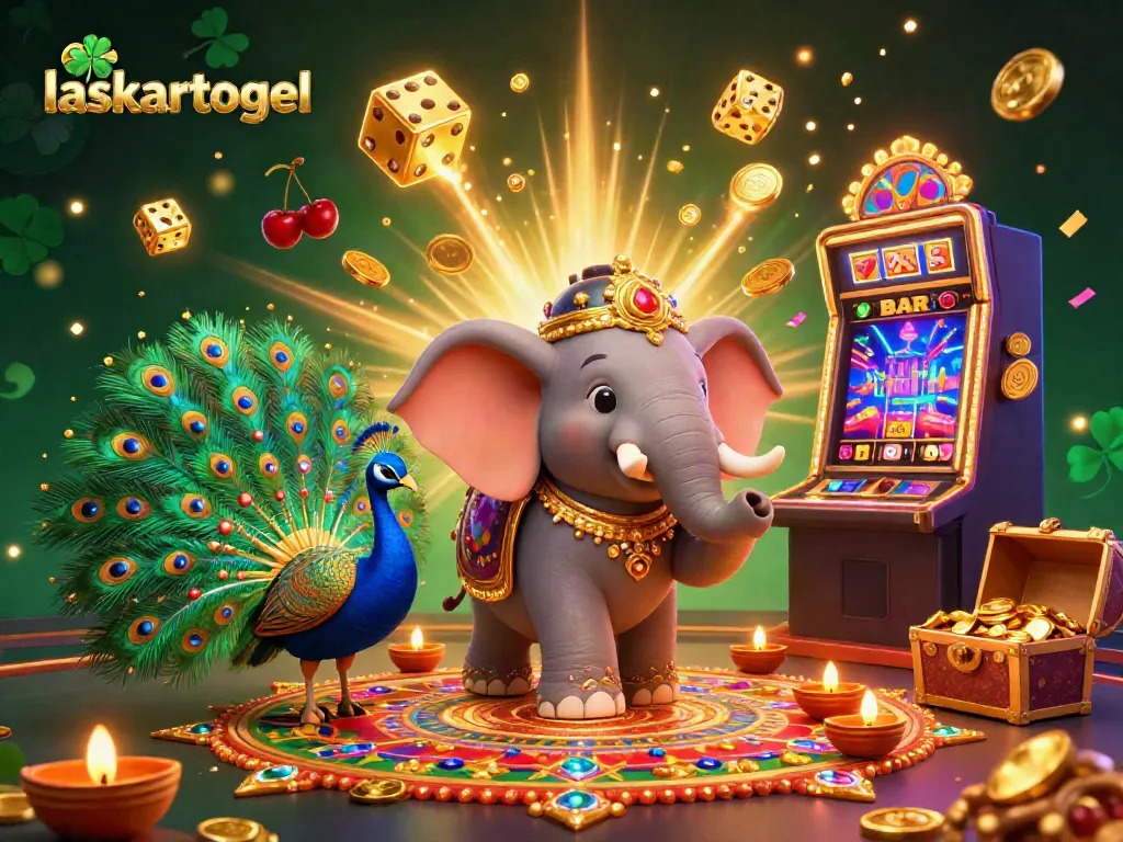 Laskartogel casino scene featuring an ornate elephant, peacock, and bursting slot machine.