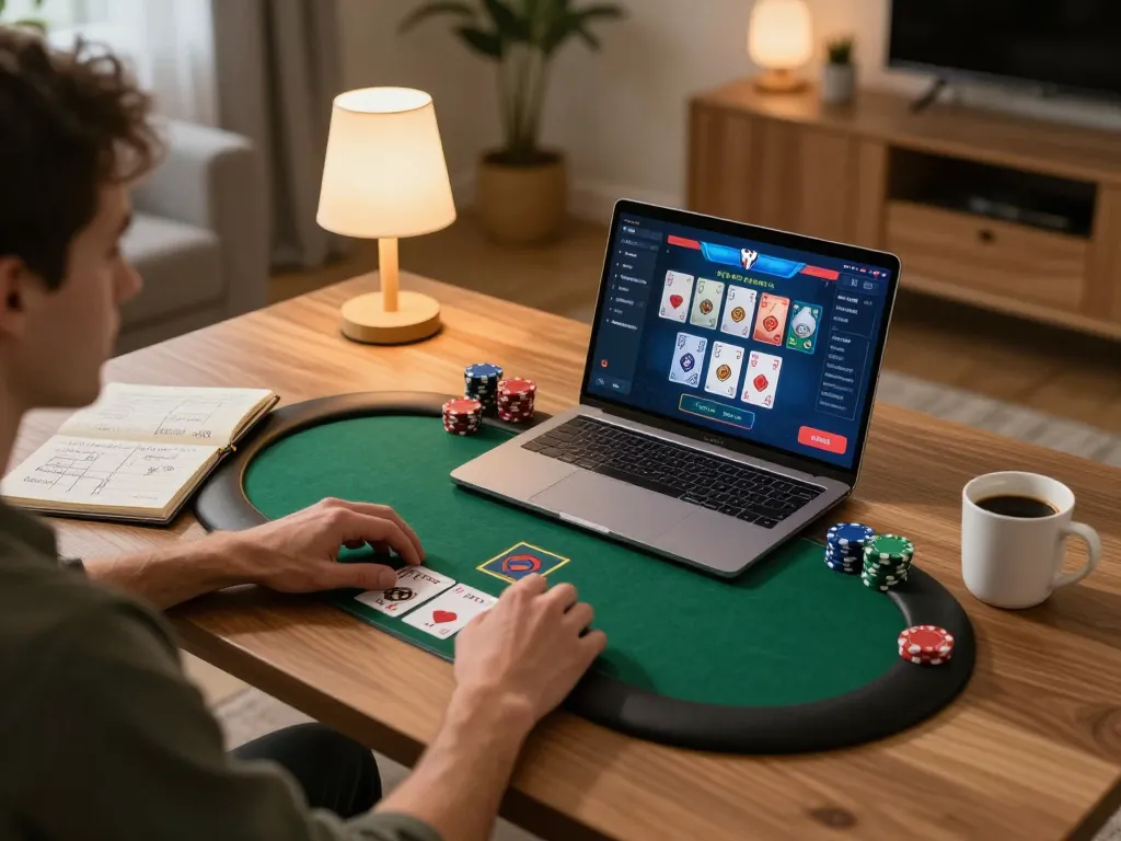 Player engaging in online poker at RR88, showcasing strategic gameplay in a cozy home setting