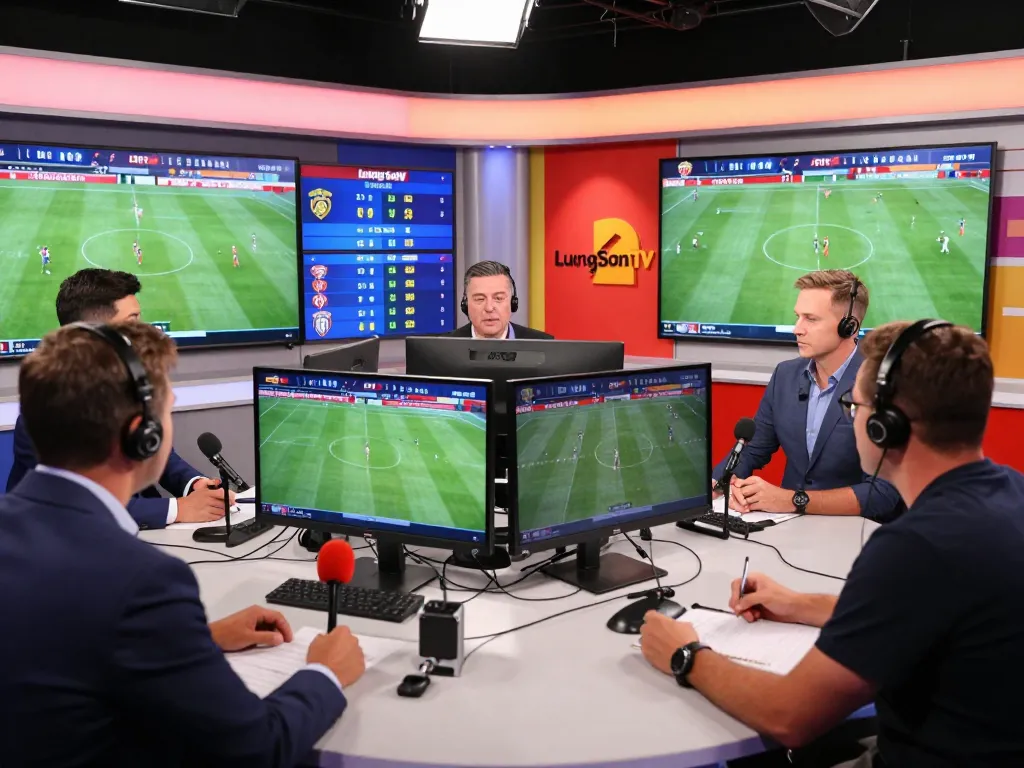 Live football commentary at LuongSonTV featuring diverse team, monitors showcasing matches and stats.