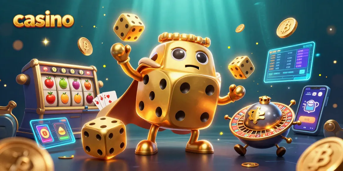 Win big at the casino with 3D cartoon characters juggling dice and showcasing slot elements.