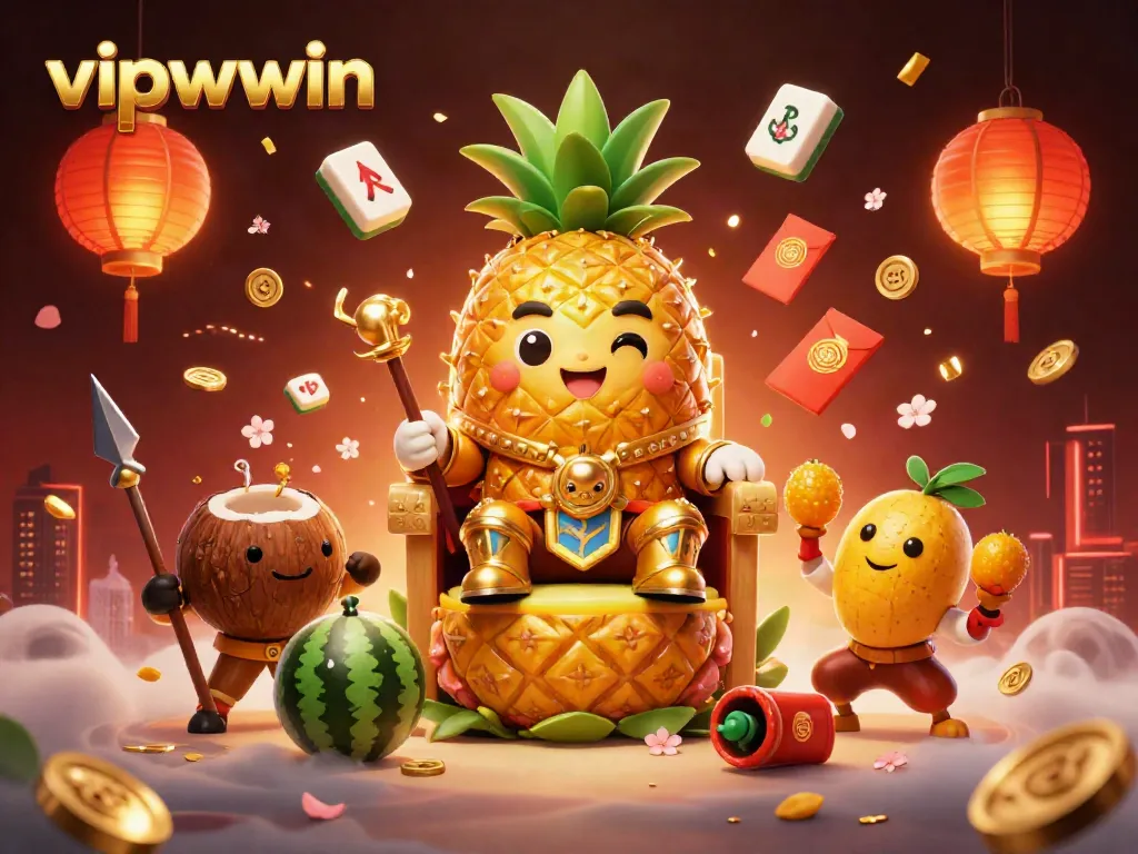 Experience the vibrant atmosphere of vipwwin with a golden pineapple king and casino-themed elements.