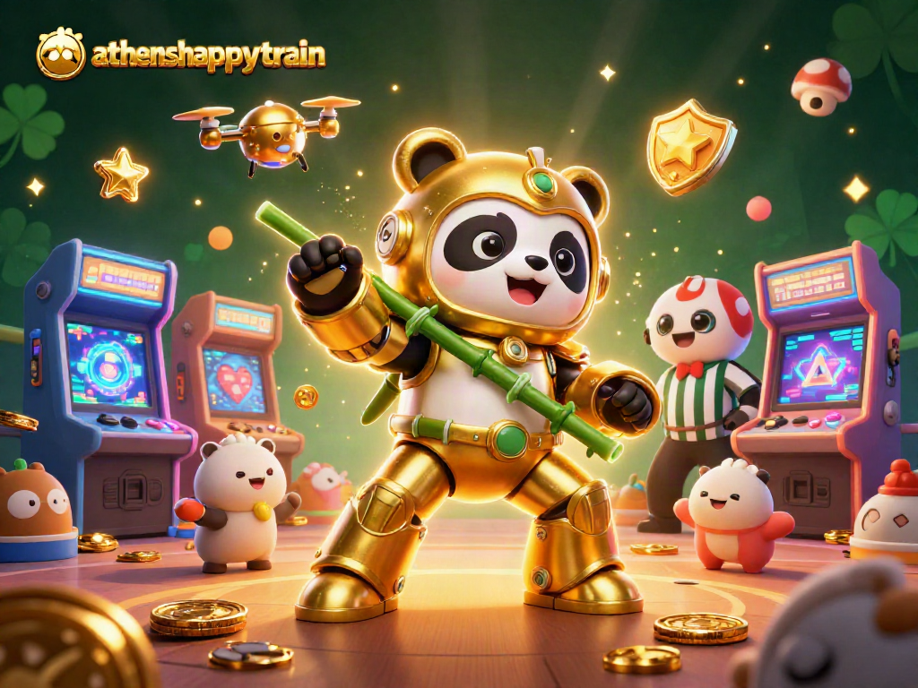 Experience the thrilling action at athenshappytrain, with vibrant gaming elements and characters in a dynamic casino scene.