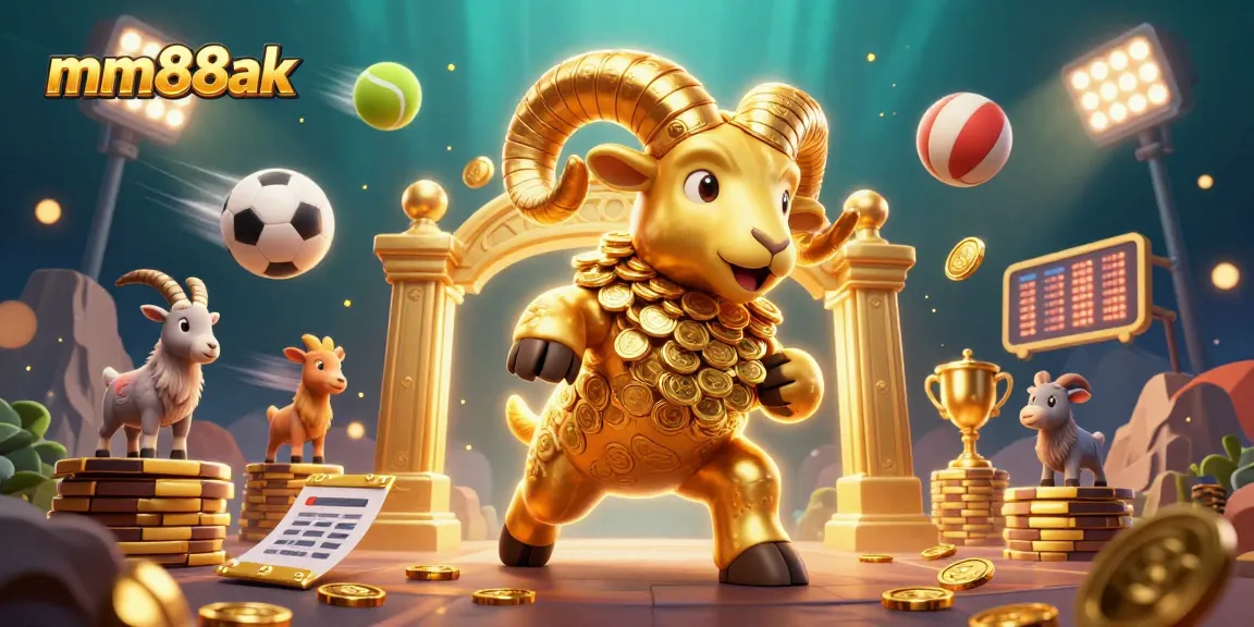 Engage in thrilling gameplay with mm88ak’s golden ram mascot amidst dynamic sports elements and glittering prizes