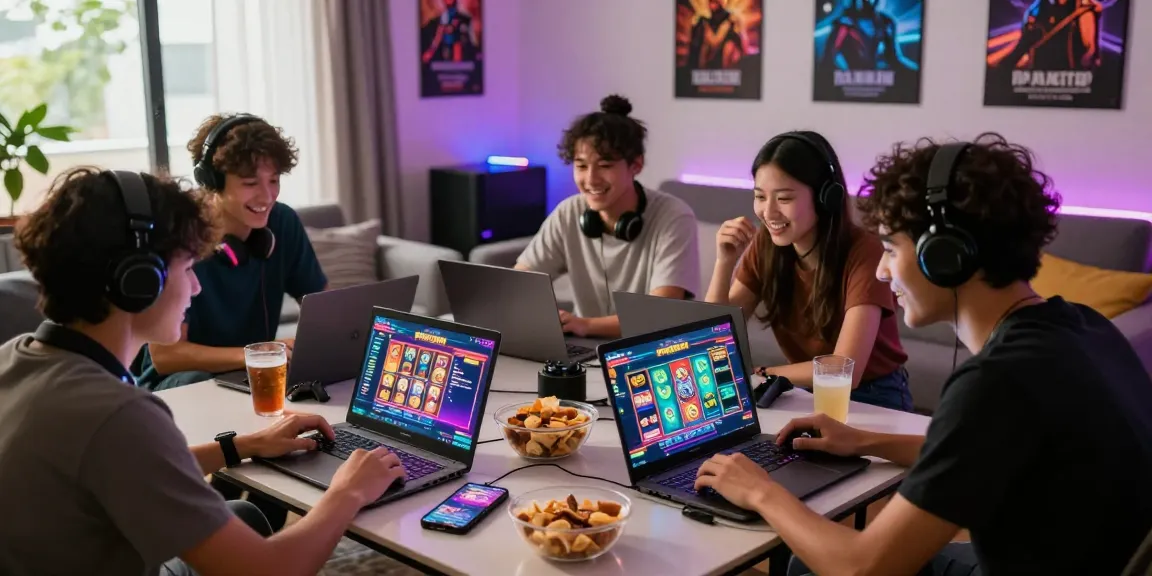 Friends enjoying pajaktoto slot games in a lively gaming room with vibrant decor.