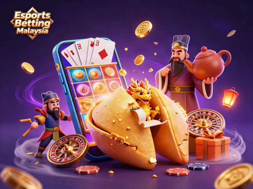 Engage in Esports Betting Malaysia with a vibrant 3D illustration showcasing a dragon and fortune cookie.
