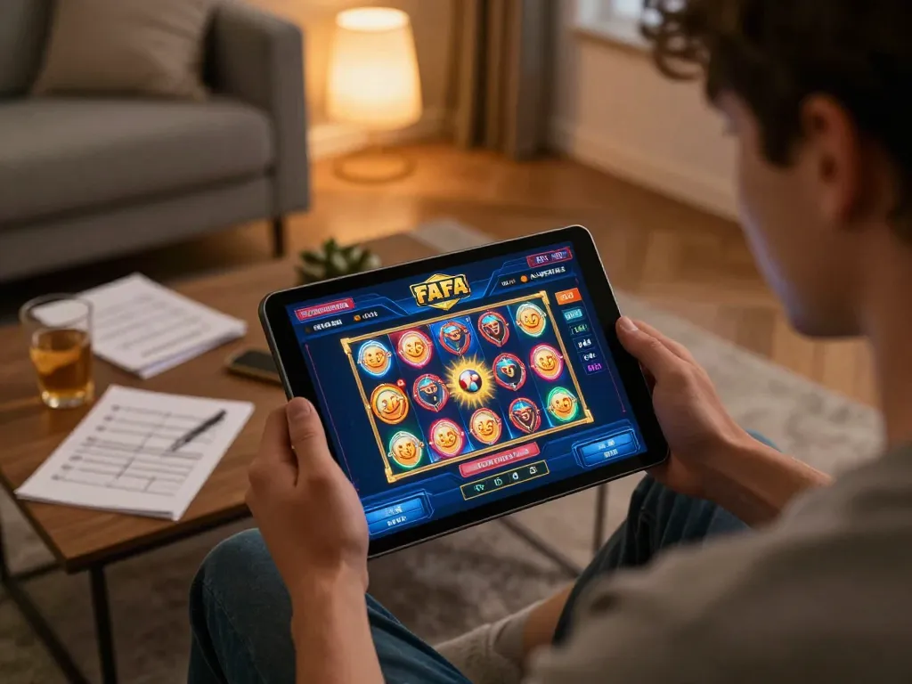 Engaged player exploring slots on the FAFA 828 app, revealing a cozy home gaming atmosphere.