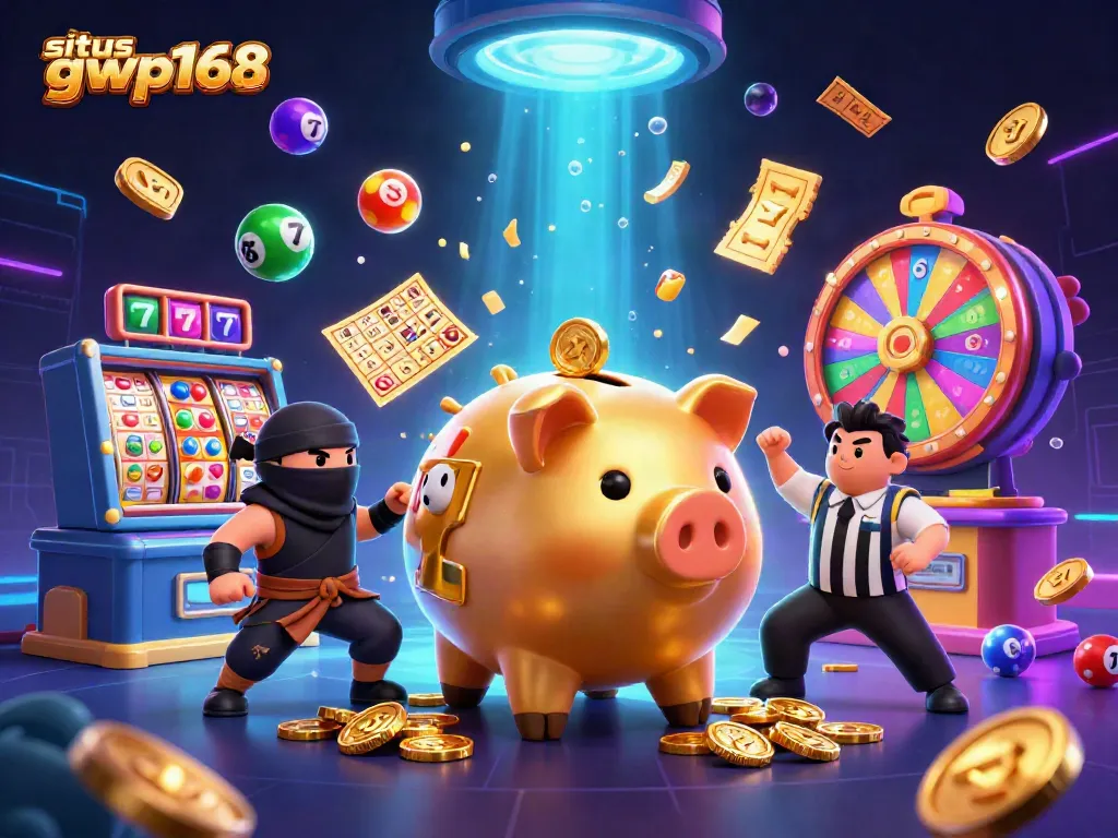Pemain slot di situs gwp168 merayakan kemenangan dengan koin emas berjatuhan dan simbol keberuntungan