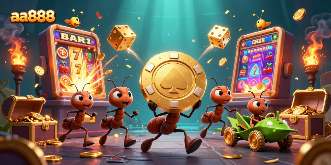 Experience the thrill of aa888 with ants on a heist, golden poker chip, and casino excitement.