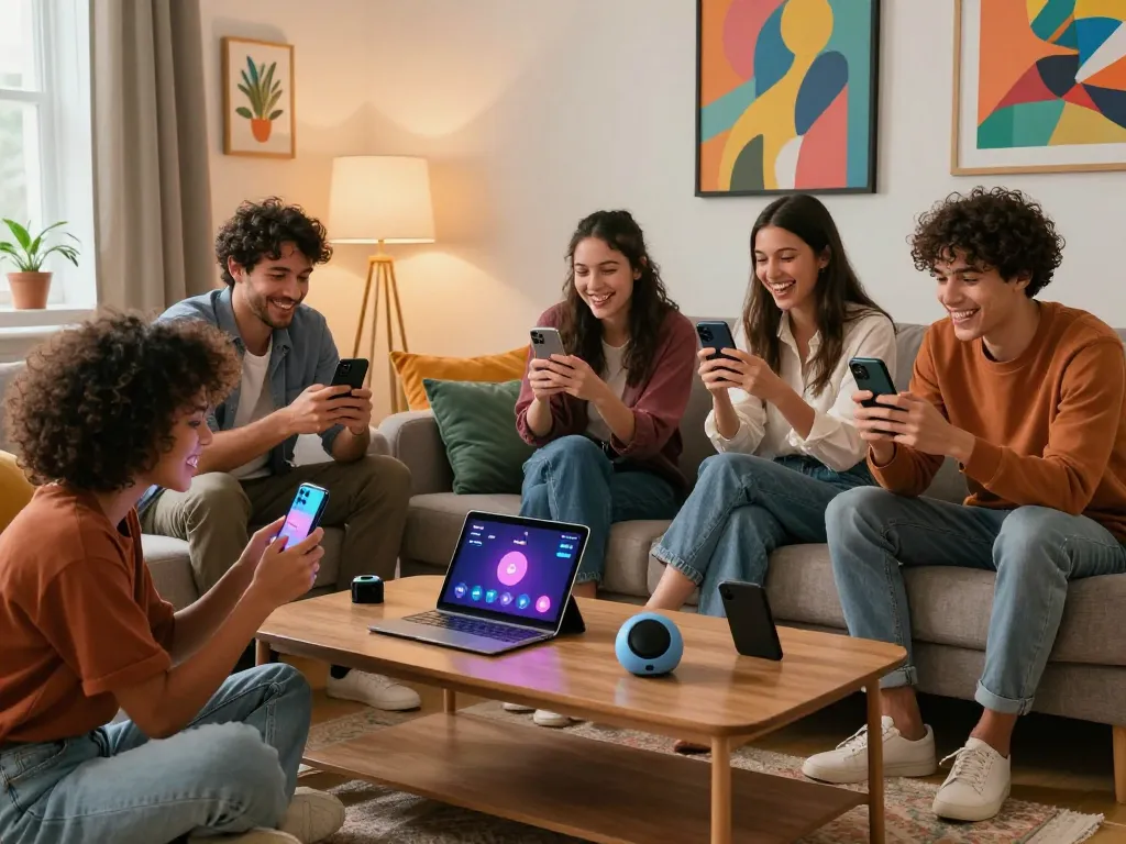 Friends engaging in ai sex chat on smartphones in a cozy living room.