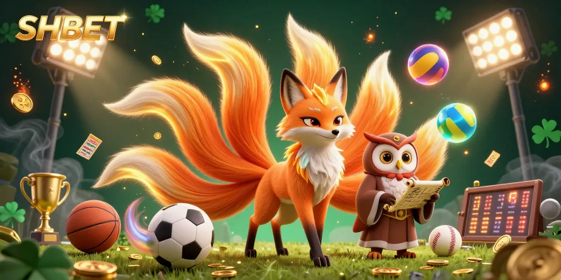 Engage in thrilling bets at SHBET as a colorful nine-tailed fox spirit and wise owl illuminate the online gaming experience.
