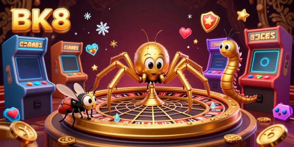 BK8 casino spider spins a roulette web while a fly nervously bets, set in a vibrant gaming atmosphere.