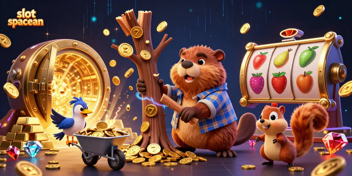 Experience big wins with slot spaceman as beavers rain coins amidst slot reels and vibrant gems.