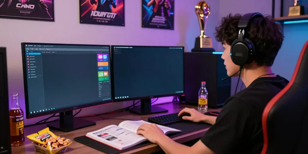 Player engaging in SLOT TOTO online gaming at a colorful desk setup.