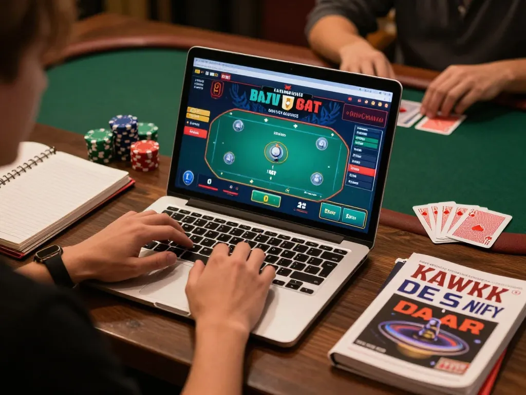 Player strategizing for poker on 33win app during online gaming session with chips and notes