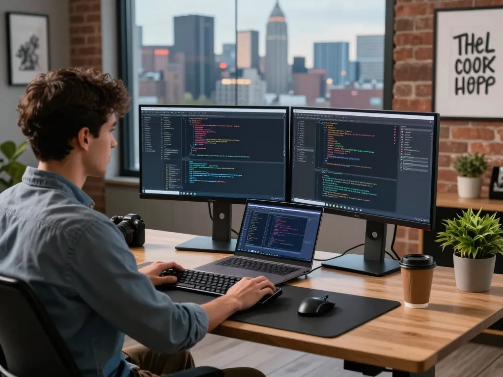 Tech workspace with programmer coding on monitors, showcasing juicy ai applications in a modern office.