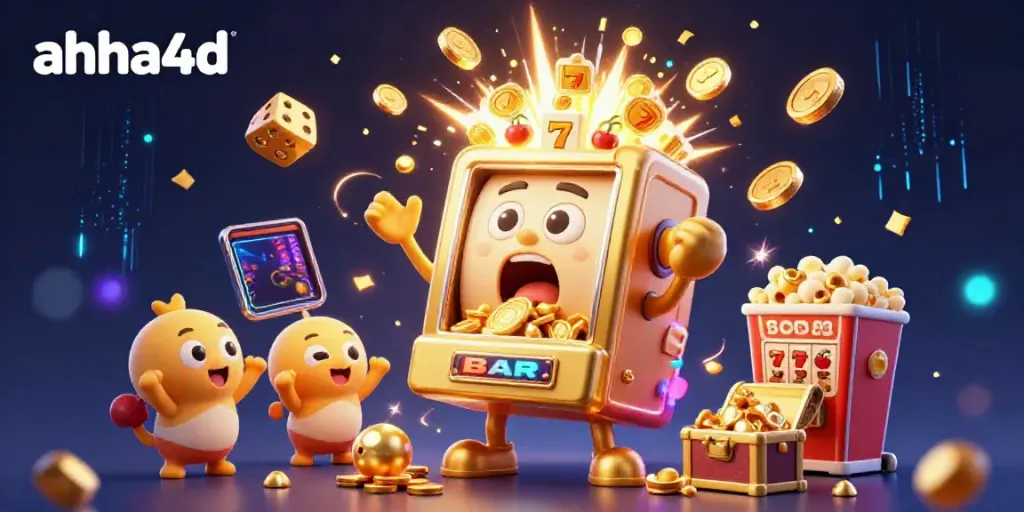 Mesin slot emas ahha4d terkena jackpot dengan koin berhamburan sebagai simbol keberuntungan.
