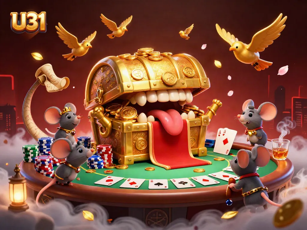 Experience thrilling U31 gameplay with a golden treasure chest, vibrant poker scene, and rich casino atmosphere.