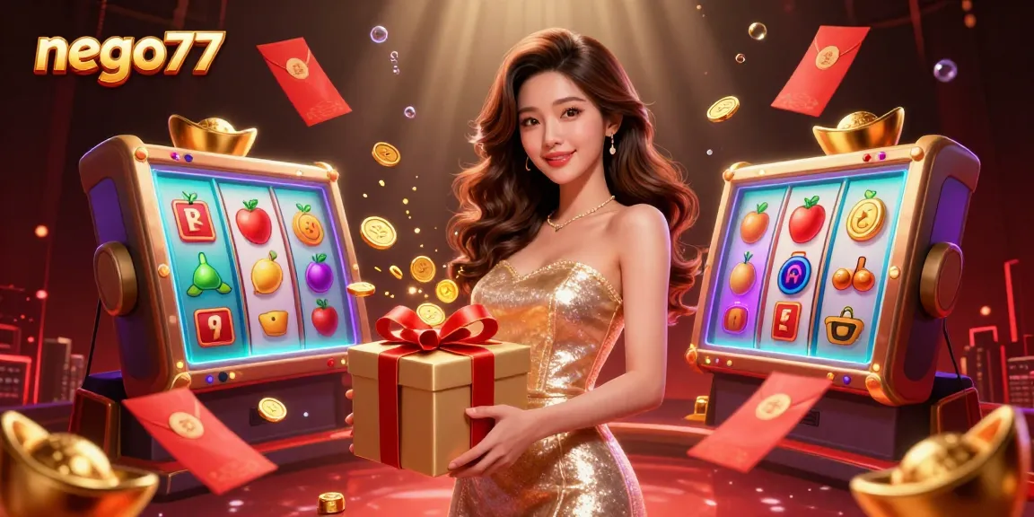 Engage with nego77 for exciting slot games featuring a stunning model amidst festive celebrations.