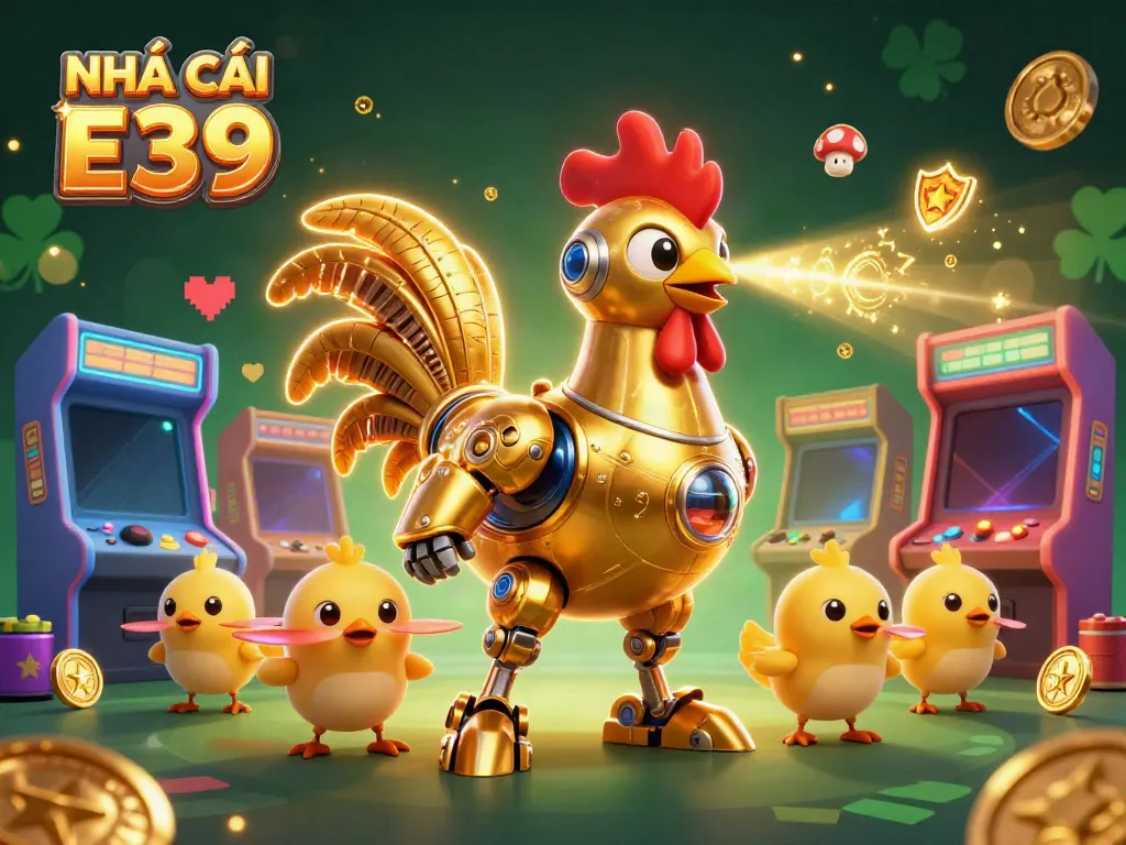 Experience NHÀ CÁI E39 with dynamic casino gaming elements and golden characters in vibrant 3D