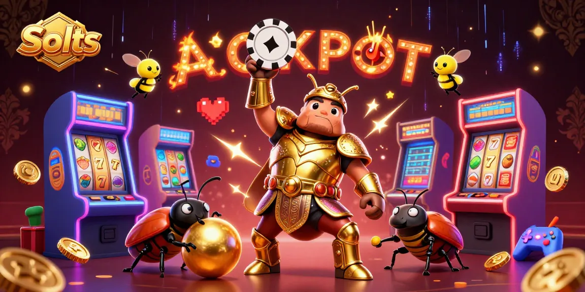 Spin to win in Slots with a jubilant Hercules beetle celebrating a jackpot.