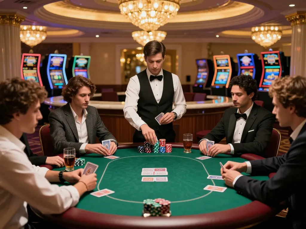 KO66 poker game in an upscale casino setting with players focusing on their cards and chips.
