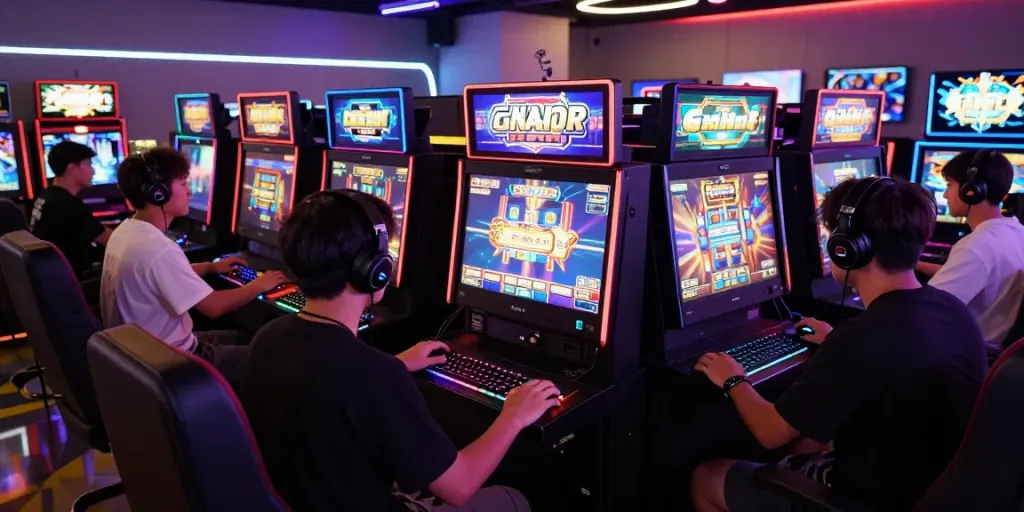 Engaging scene of players enjoying online slot gacor gaming with modern tech and vibrant ambience.