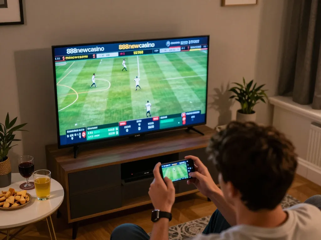 Engaging live sports betting action on 888newcasino displayed on smartphone in cozy home setting