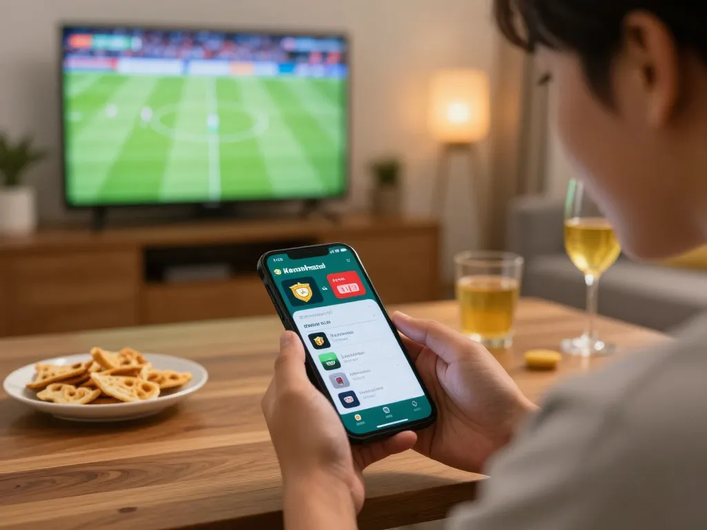Engaged bettor analyzing real-time keonhacai sports odds while watching live football match