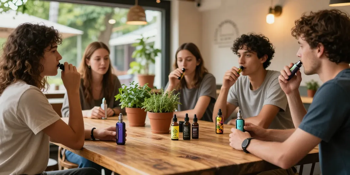 Is vaping legal in Cyprus? Group enjoying clean organic CBD vape products in a café setting.