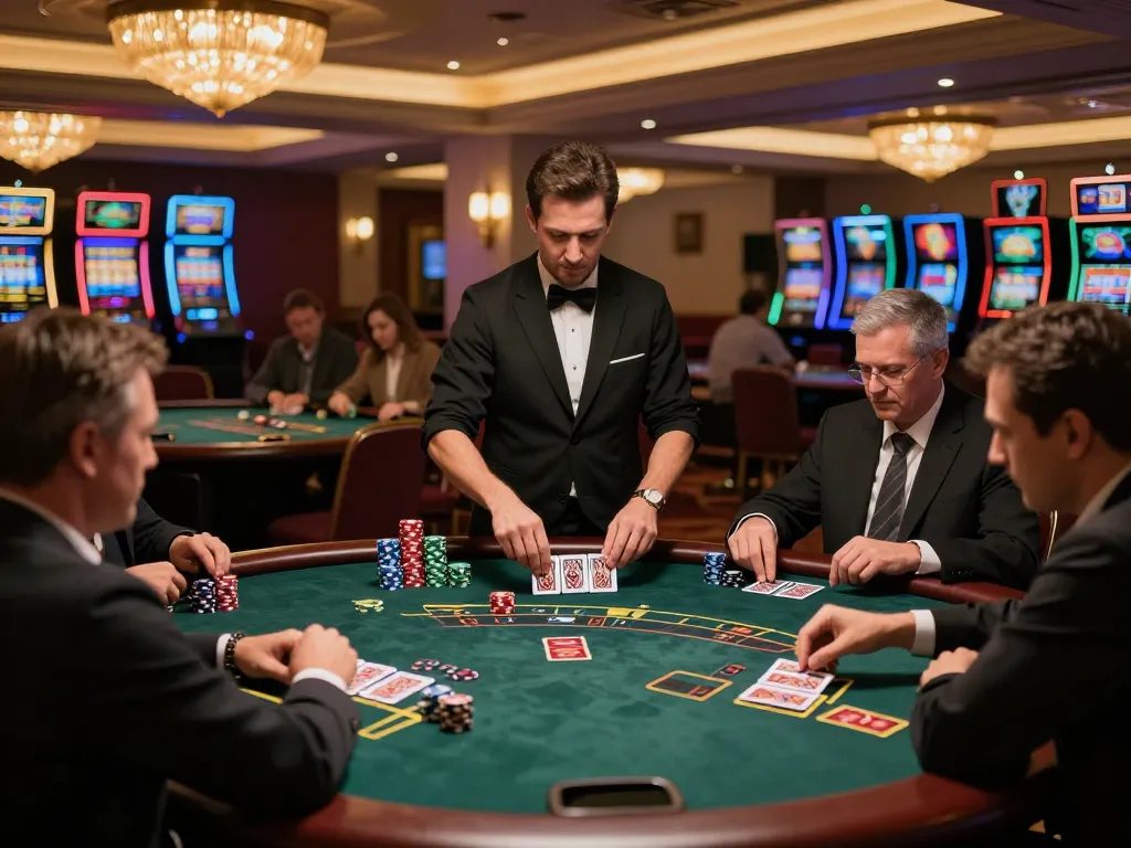 Players engaging in a thrilling blackjack game at a sophisticated casino while stacked chips create a g28 atmosphere.