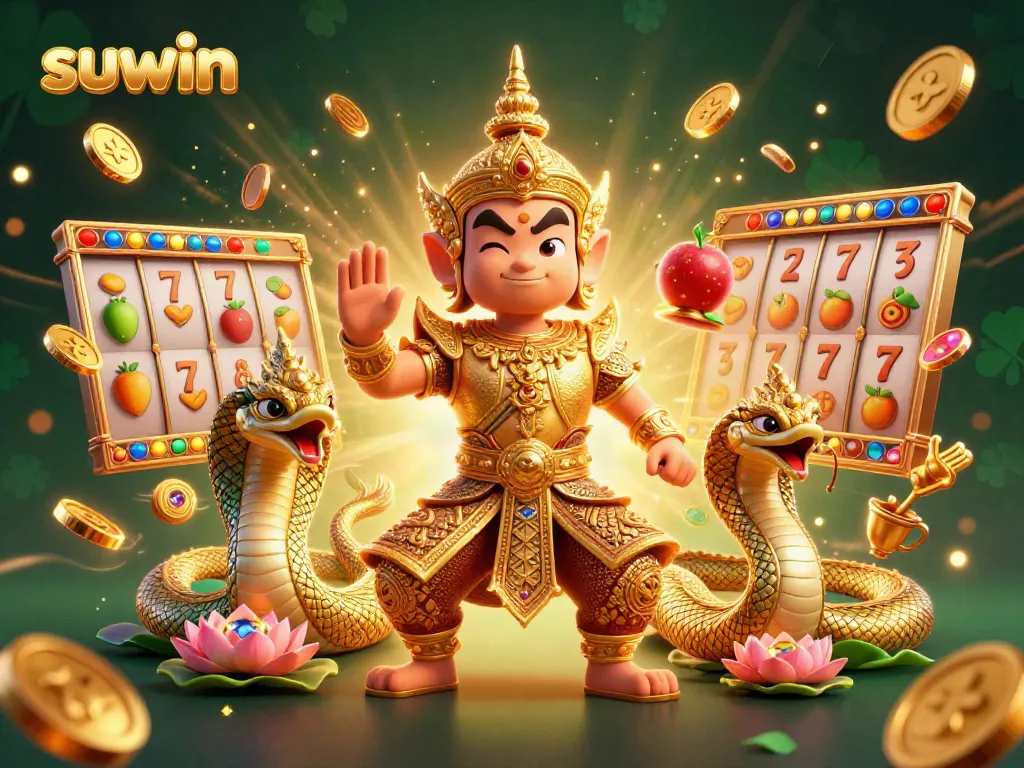 Engage with the exciting suwin slots showcased by a friendly Thai guardian and golden Naga companions amidst vibrant game elements.