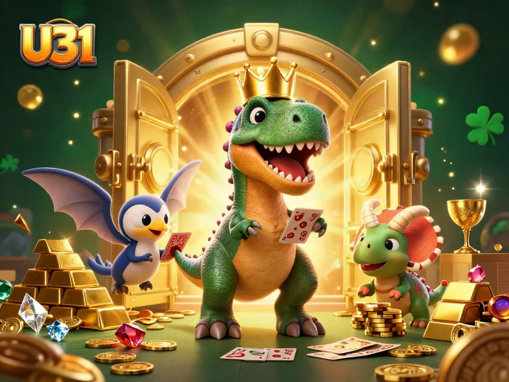 Experience thrilling gameplay with U31 as a T-Rex shuffles cards alongside a pterodactyl and triceratops in a vibrant casino scene.