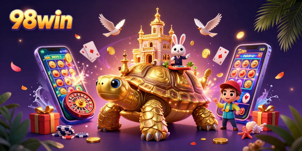 Win big at 98win with an enchanting casino scene featuring a golden tortoise and a rabbit dealer.