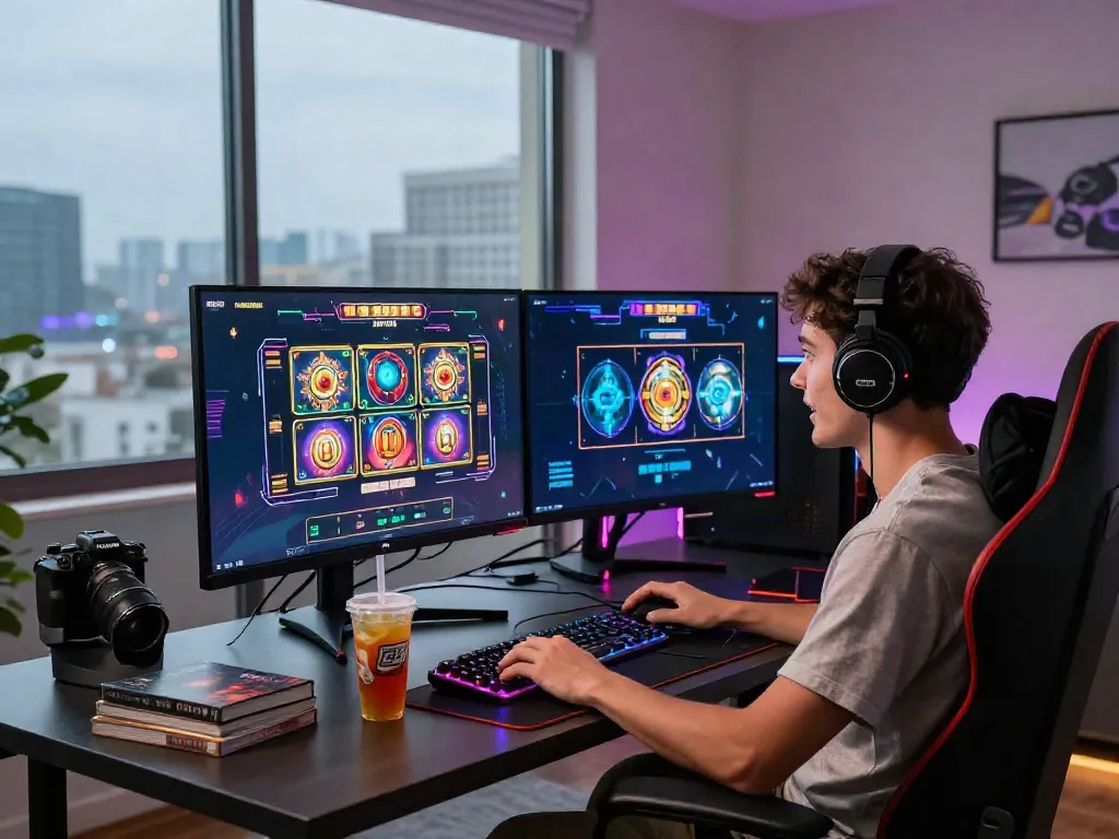 Engaged player at a gaming desk enjoying akunjp slot games with modern setup elements.