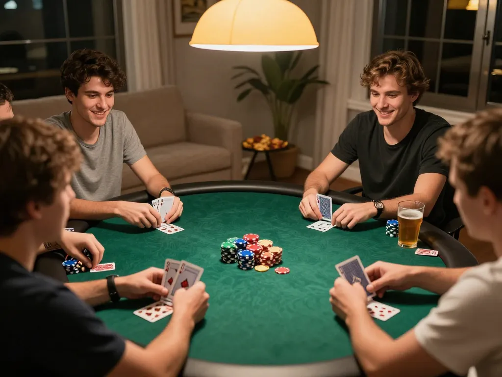 Players enjoying an intense poker game at home featuring mb88 chips and cards.