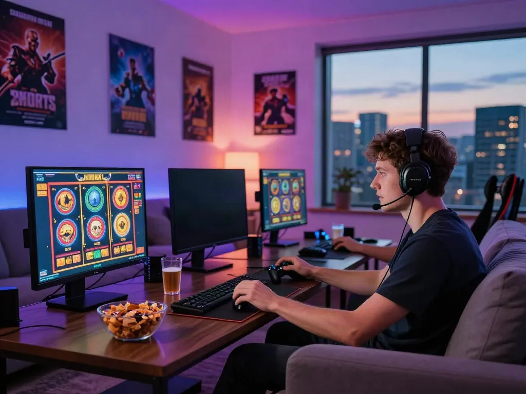 Engaged player enjoying akunjp online gaming experience in a lively living room setting.