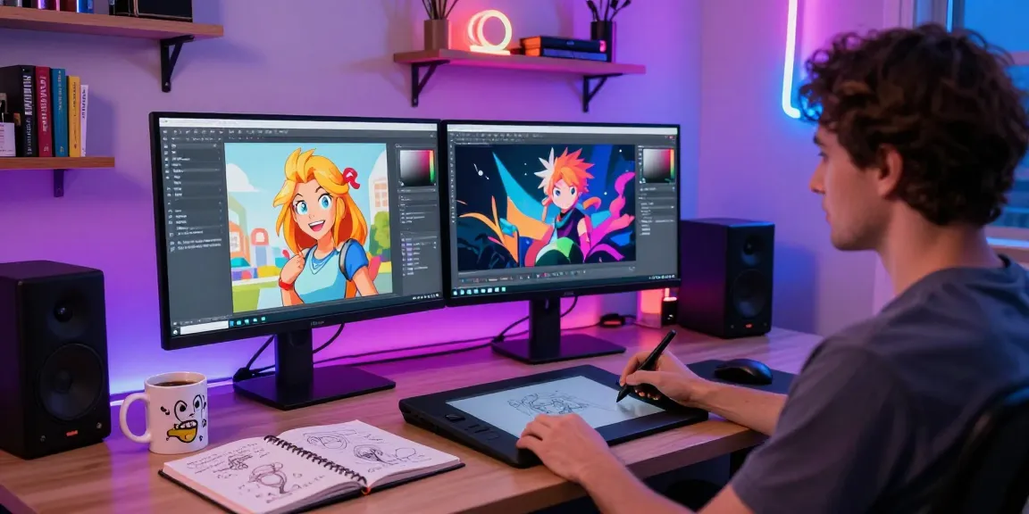 Creative workspace showcasing NSFW AI artwork on dual screens with vibrant RGB lighting