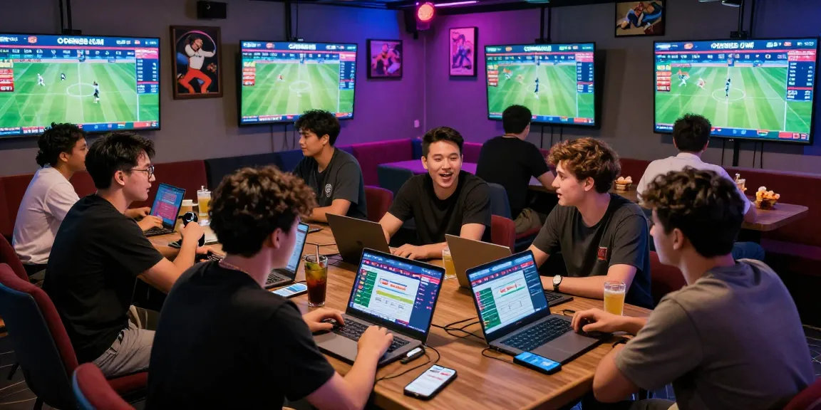 Enthusiastic friends discussing sports betting on OPEN88 COM in a vibrant gaming lounge.